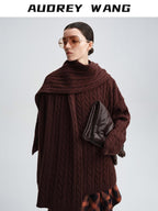 audreyyang 100 Percent Sheepswool Thick Vintage Loose Built In Scarf Women Knit Sweaters
