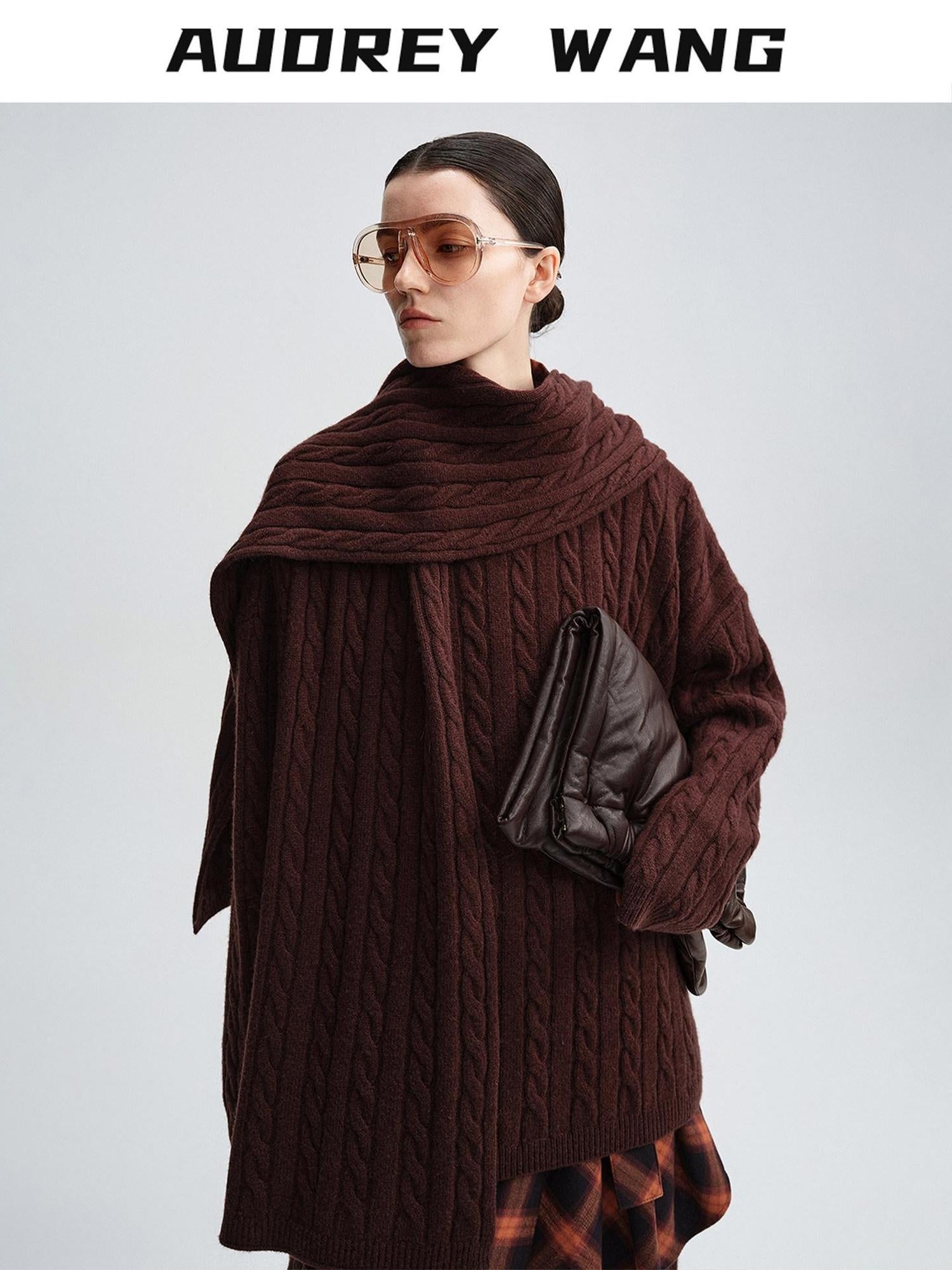audreyyang 100 Percent Sheepswool Thick Vintage Loose Built In Scarf Women Knit Sweaters