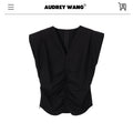 audreyyang_Drawstring_Pleated_Loose_V-neck_Black_Solid_Women_Off_Shoulder_Crop_Tops_MISSTT