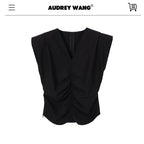 audreyyang_Drawstring_Pleated_Loose_V-neck_Black_Solid_Women_Off_Shoulder_Crop_Tops_MISSTT