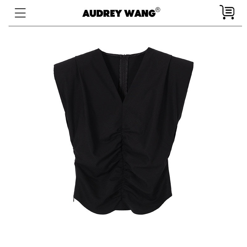 audreyyang_Drawstring_Pleated_Loose_V-neck_Black_Solid_Women_Off_Shoulder_Crop_Tops_MISSTT