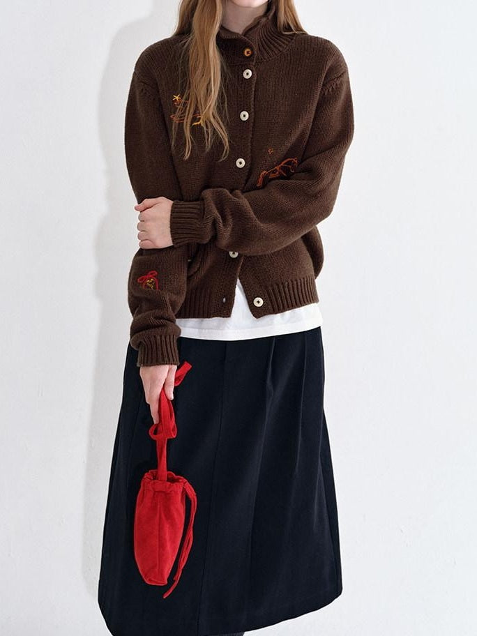 fano Soft Wool Blend Knit Commuter Loose Fit Stand Collar Women Brown Cardigans