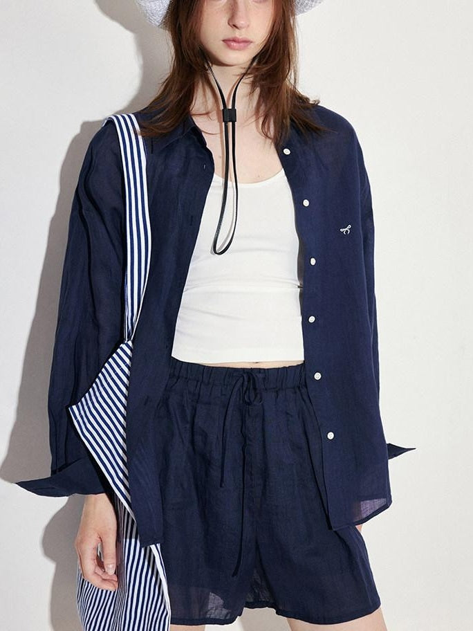 fano Comfortable Collared Long Sleeve Navy Two Piece Women Top & Shorts Sets