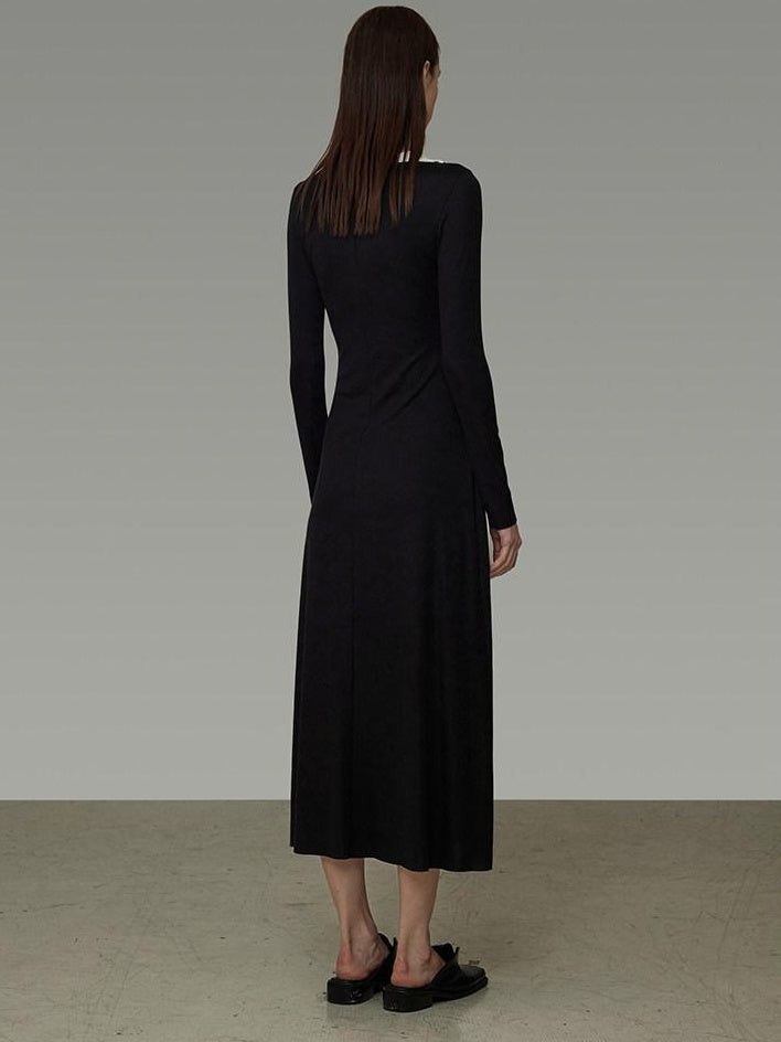 unspoken Slimming High Waist A Line Knit Long Sleeve Workwear Black Women Maxi Dresses
