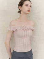 someonesometimes Lace Tie Slim Fit Short Solid Mauve Cream Daily Chic Off Shoulder Crop Tops