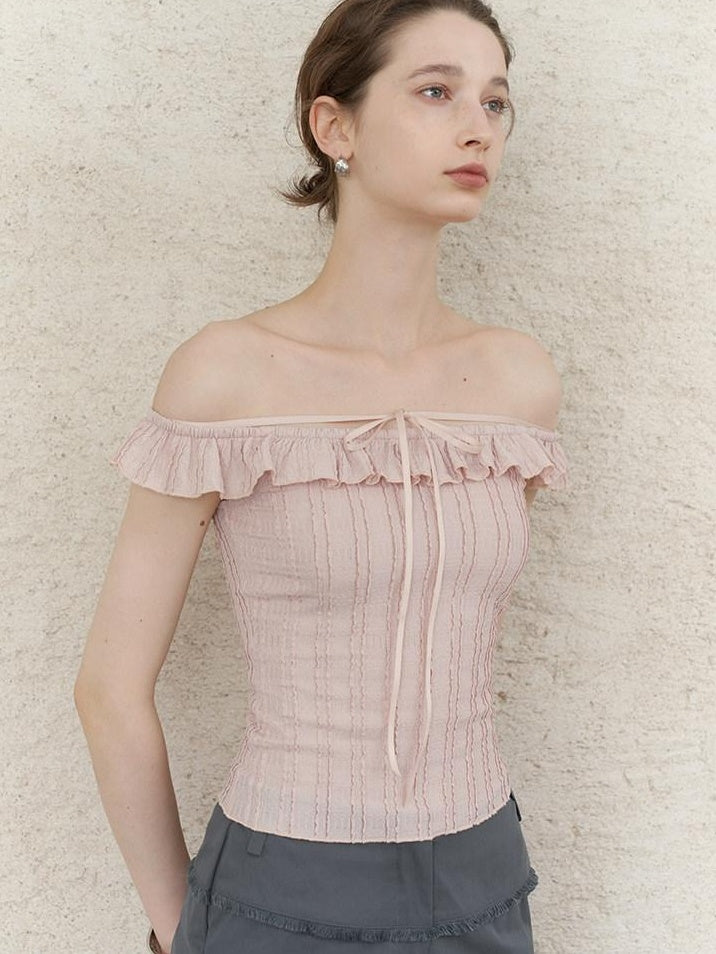 someonesometimes Lace Tie Slim Fit Short Solid Mauve Cream Daily Chic Off Shoulder Crop Tops