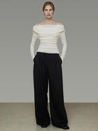 unspoken Soft Breathable Knit One Shoulder Slim Fit Office White Long Sleeve Blouses