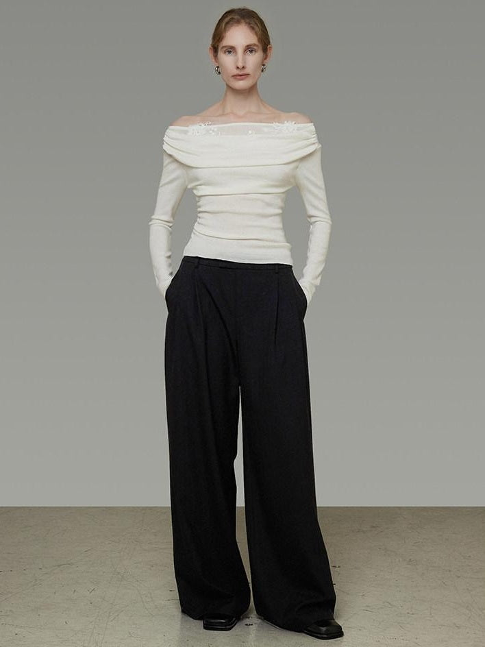 unspoken Soft Breathable Knit One Shoulder Slim Fit Office White Long Sleeve Blouses