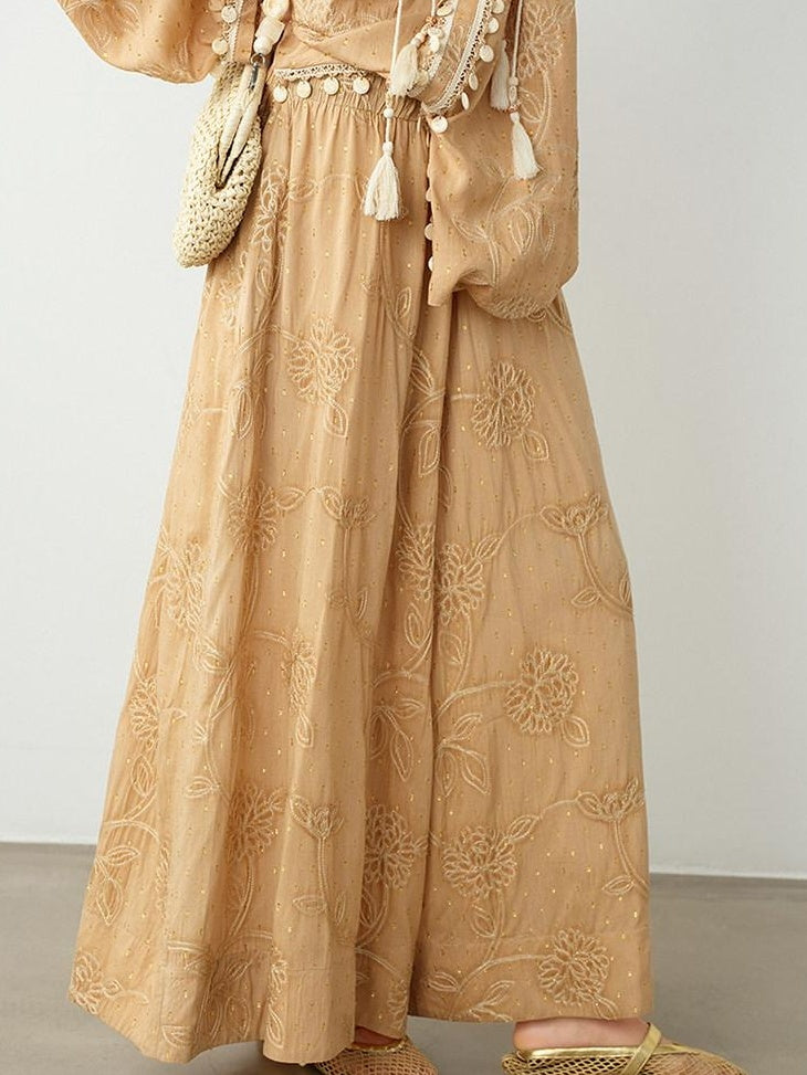 audreyyang Breathable Pure Cotton Floral Natural Waist Relaxed Women Khaki Wide Leg Pants