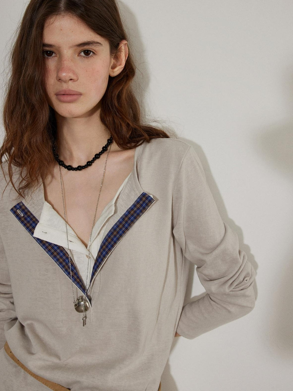 Lofi choose Cotton Blend Button Collar Loose Commuter Womens Purple Long Sleeve T-Shirts