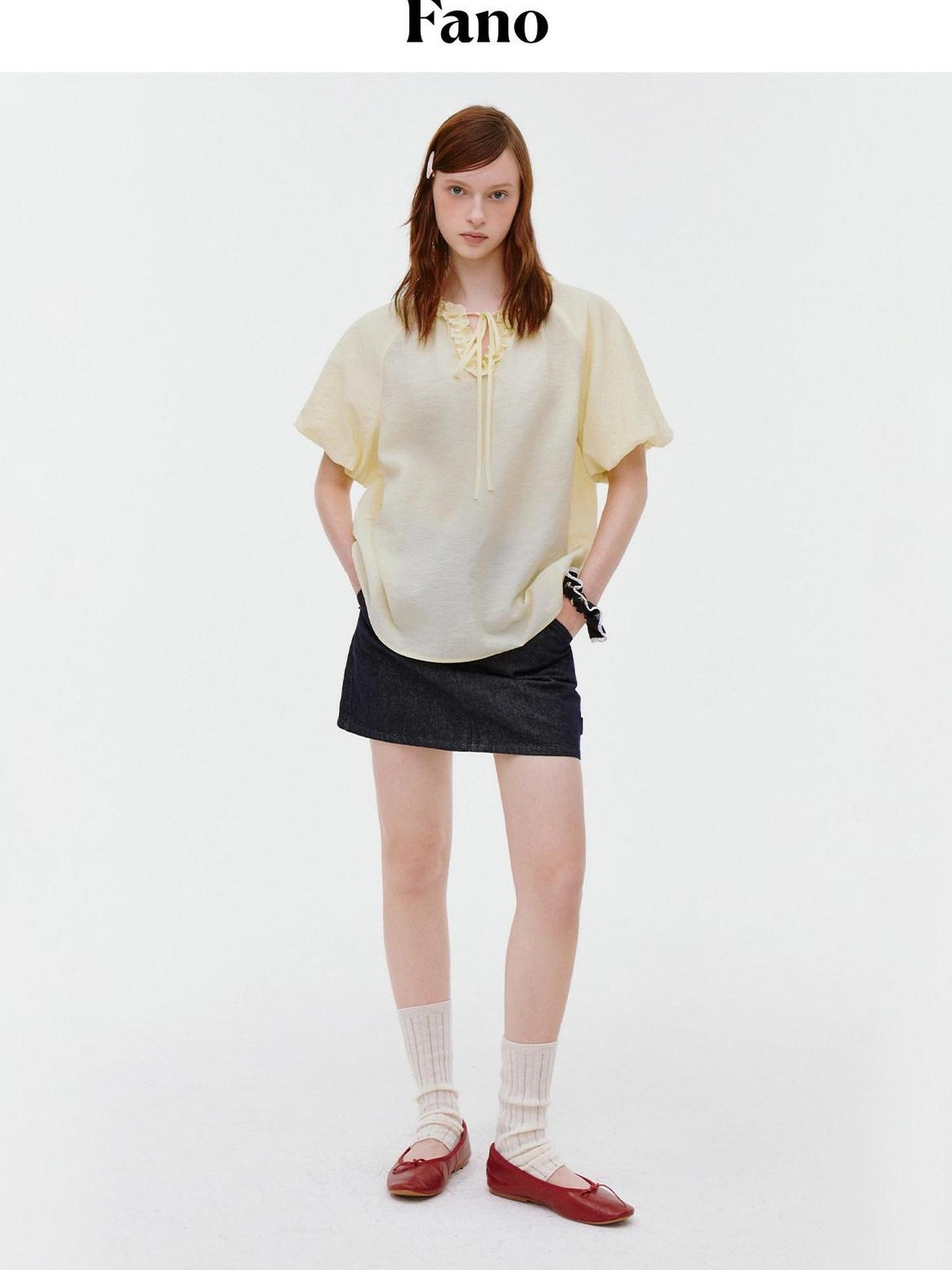 fano Yellow Tie Front Viscose Linen Blend Relaxed Korean Short Sleeve Women Blouses