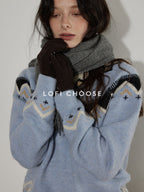 Lofi choose Soft Wool Blend Loose Fit Commuter Crewneck Pullover Blue Knit Tops Sweaters