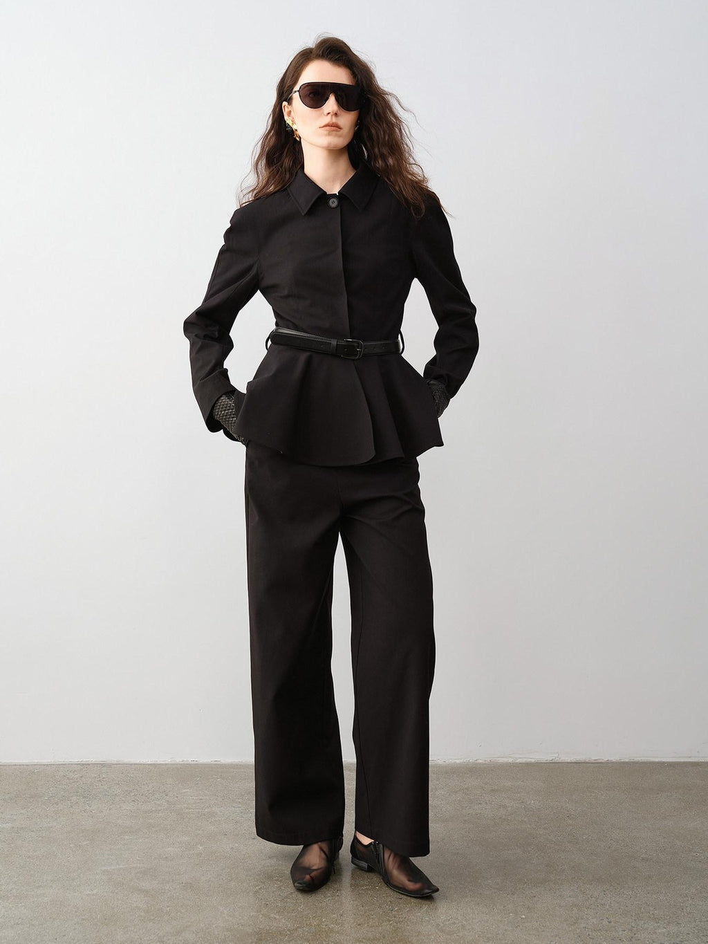 audreyyang Waist Slimming Casual Cropped Lapel Long Sleeve Black Polyester Top & Pants Sets