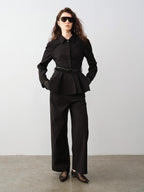 audreyyang Waist Slimming Casual Cropped Lapel Long Sleeve Black Polyester Top & Pants Sets