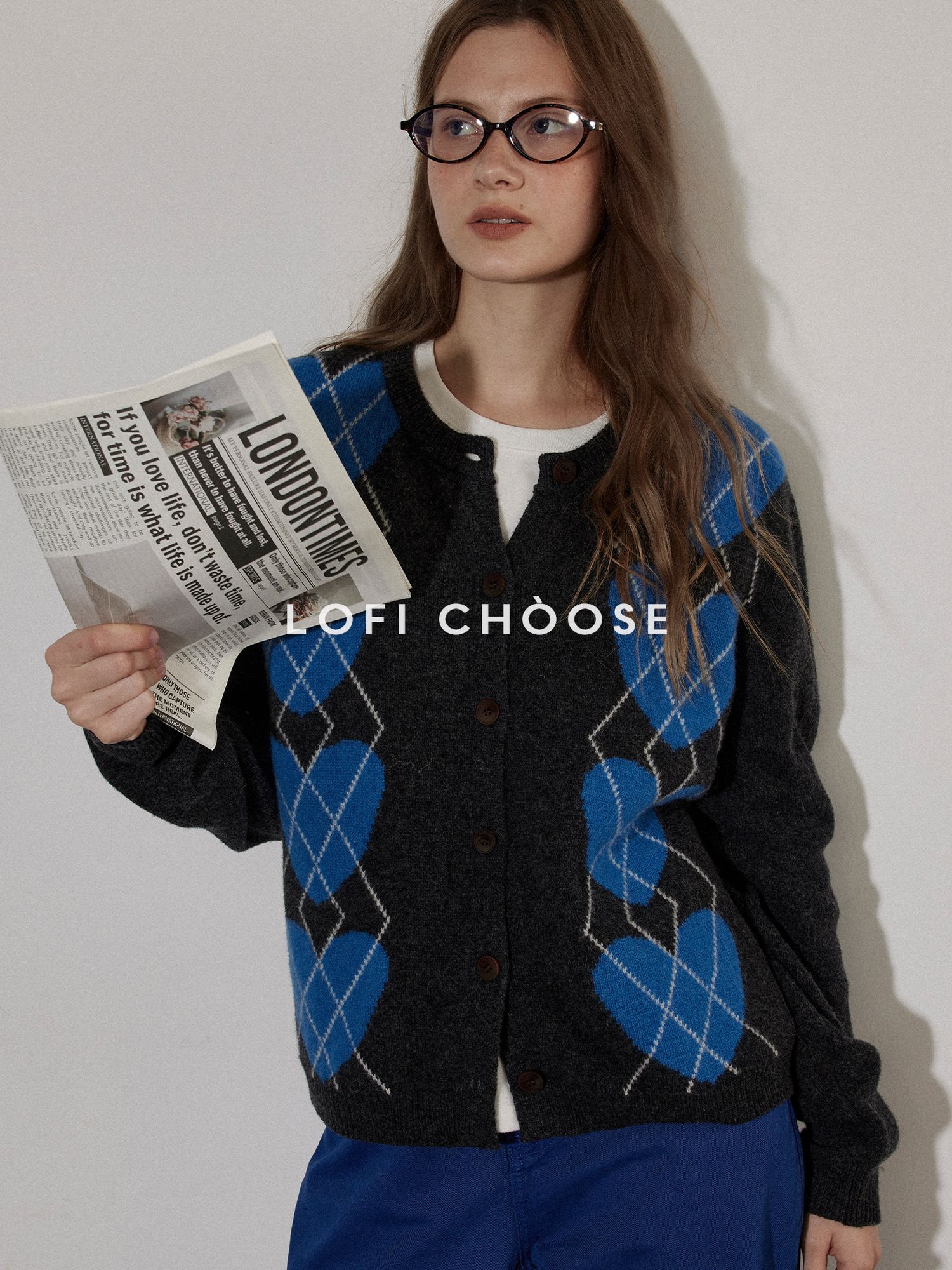 Lofi choose Soft Polyester Wool Knit Romantic Colorblock Heart Button Women Cardigans