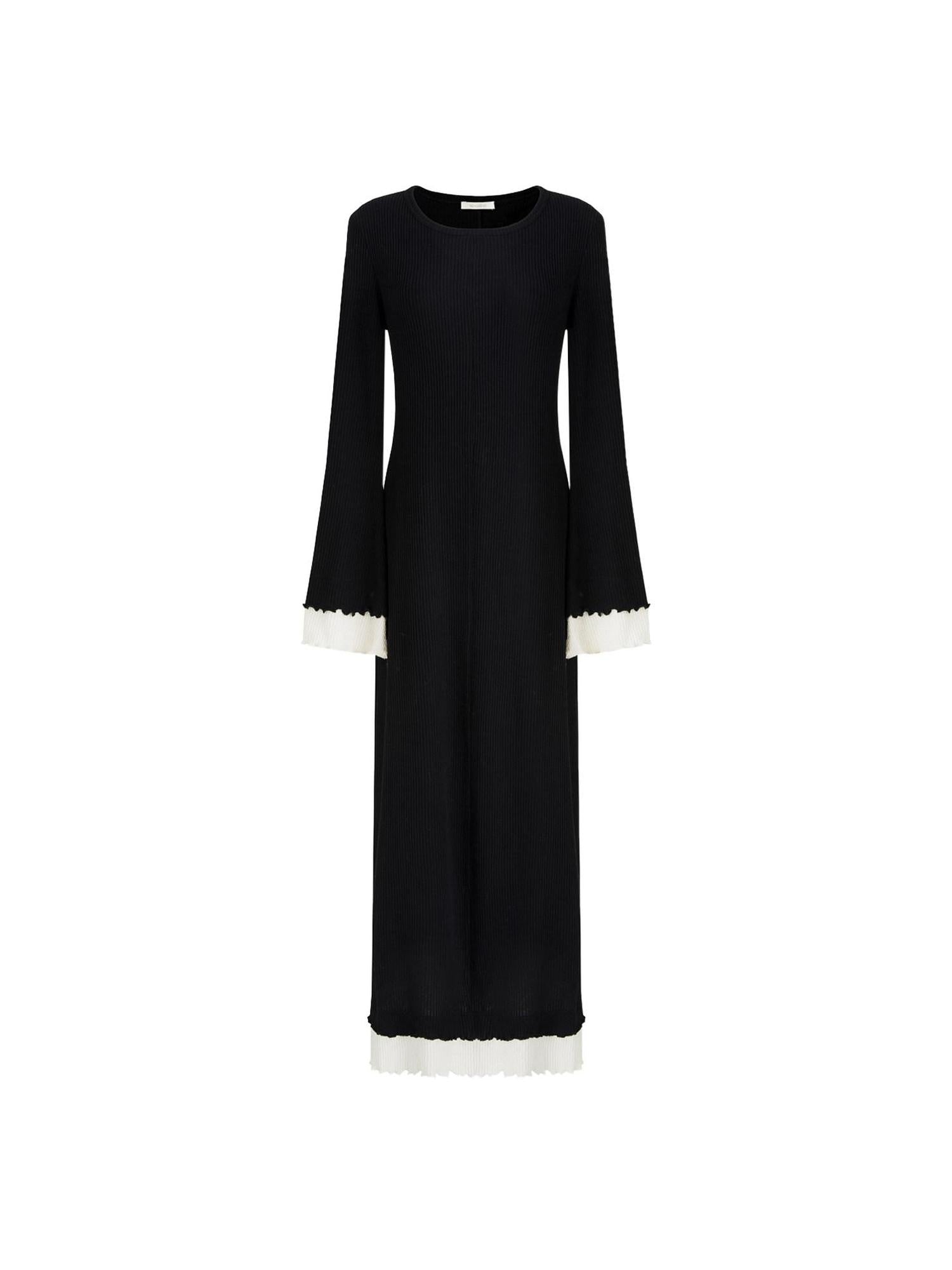 unspoken Slim Waist Colorblock Aline Knit Bell Sleeve Office Women Breathable Maxi Dresses