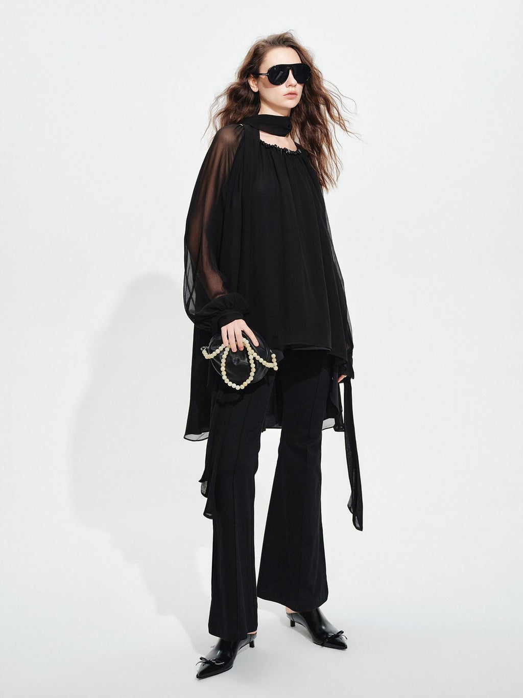 audreyyang Beaded Silk Elegant Loose Lantern Sleeve Tie Neck Black Midi Dresses