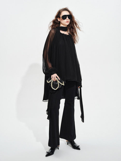 audreyyang Beaded Silk Elegant Loose Lantern Sleeve Tie Neck Black Midi Dresses