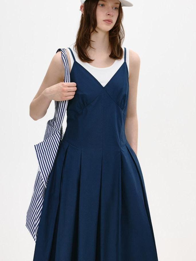 fano Cotton Spaghetti Strap A Line V-neck Office Antique Blue Maxi Dresses