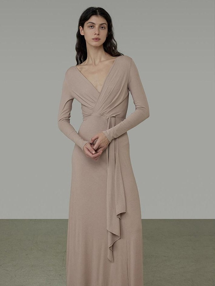 unspoken Lyocell V-neck High Waist Zip Longsleeve Pink Slim Knit Maxi Dresses