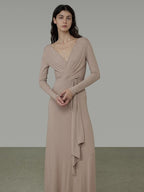 unspoken Lyocell V-neck High Waist Zip Longsleeve Pink Slim Knit Maxi Dresses