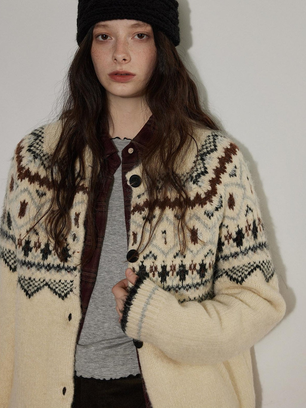 Lofi choose Soft Thick Knit Retro Geometric Button Front Round Neck Women Cream Cardigans