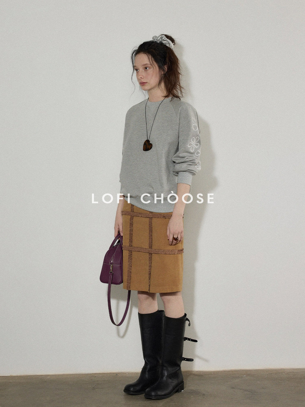 Lofi choose Floral Print Loose Fit Office Crewneck Women Blue Gray Long Sleeve Sweatshirt
