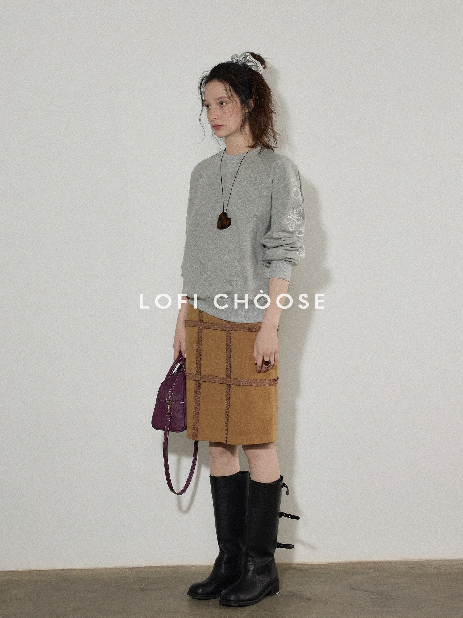 Lofi choose Floral Print Loose Fit Office Crewneck Women Blue Gray Long Sleeve Sweatshirt