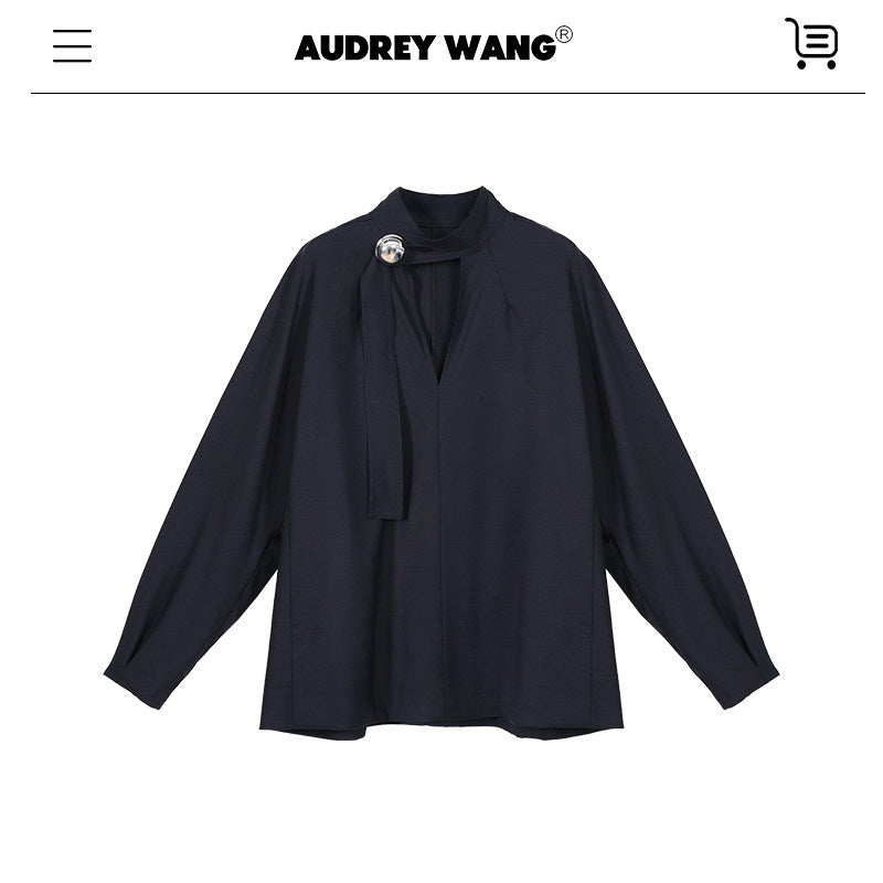 audreyyang_Shape_Retaining_Loose_Long_Lantern_Sleeve_Pullover_Navy_Polyester_Women_Blouses_MISSTT