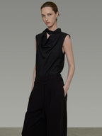 unspoken Breathable Viscose Tie Neck Sleeveless Loose Commuter Chic Women Black Blouses