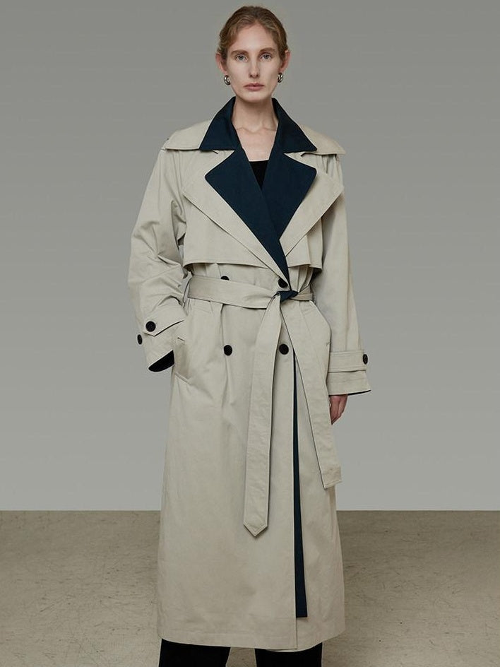 unspoken Minimalist Double Breasted Long Straight Workwear Beige Navy Trench Coats