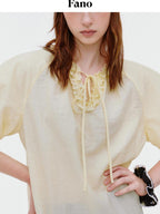 fano Yellow Tie Front Viscose Linen Blend Relaxed Korean Short Sleeve Women Blouses