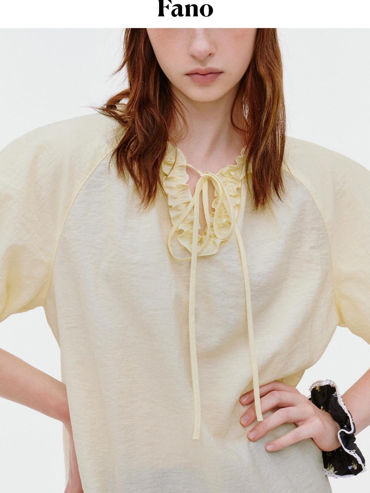 fano Yellow Tie Front Viscose Linen Blend Relaxed Korean Short Sleeve Women Blouses