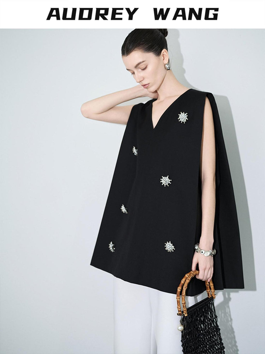 audreyyang Original Beaded Loose V-neck Mid Length Open Front Women Polyester Vests