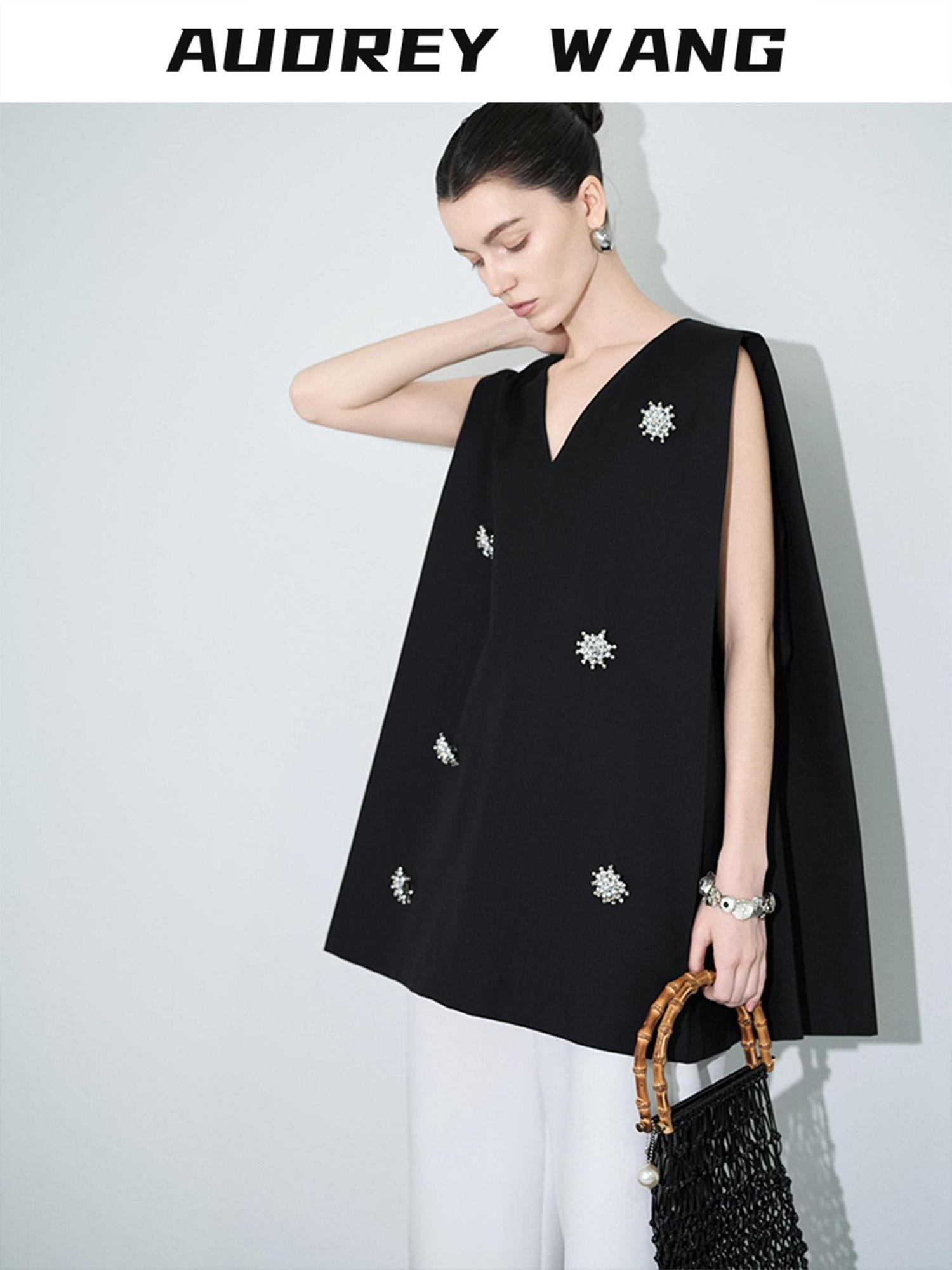 audreyyang Original Beaded Loose V-neck Mid Length Open Front Women Polyester Vests