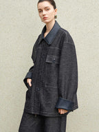 audreyyang Original Design Loose Patchwork Topstitch Cotton Blend Women Denim Jackets