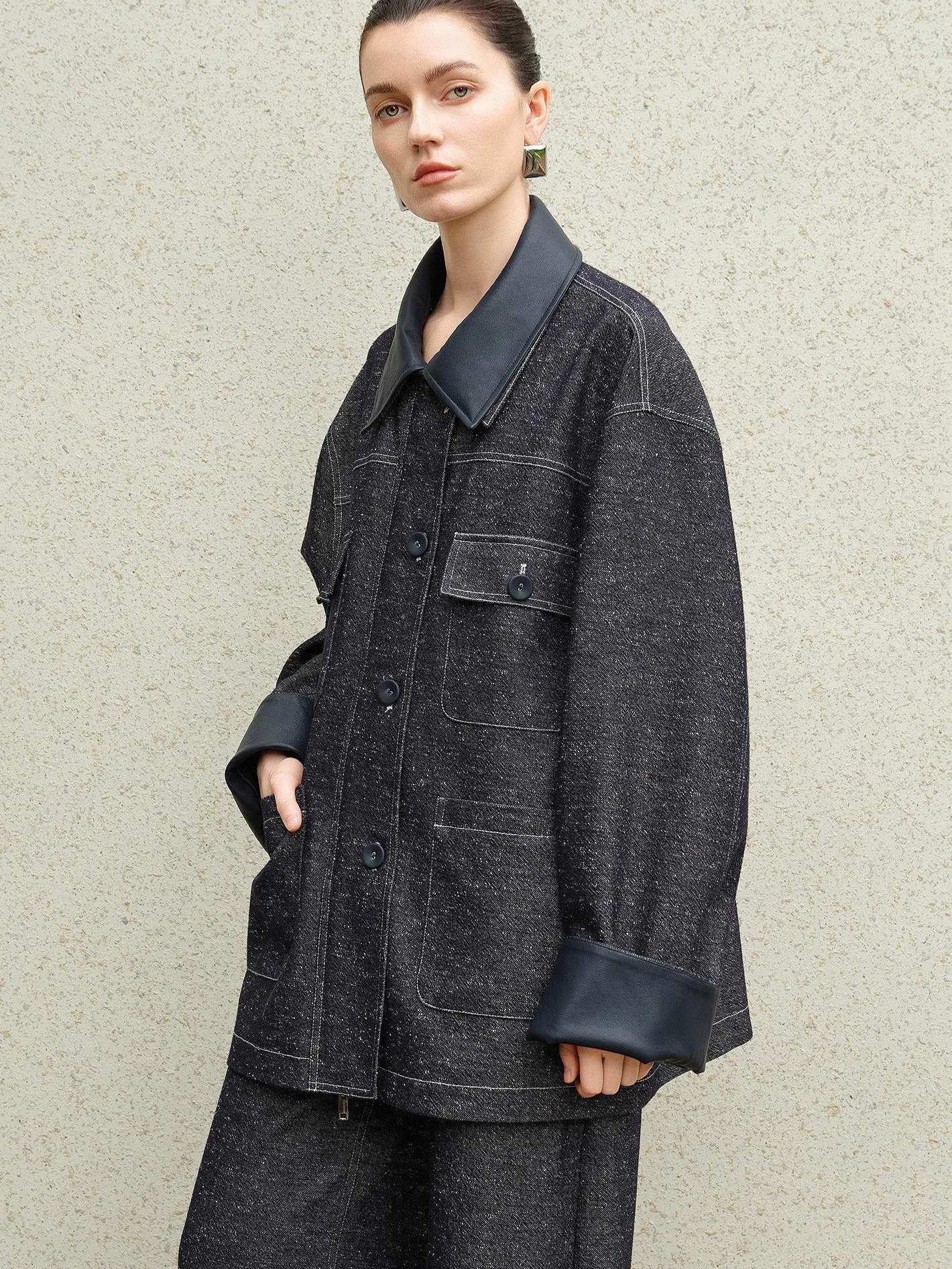 audreyyang Original Design Loose Patchwork Topstitch Cotton Blend Women Denim Jackets