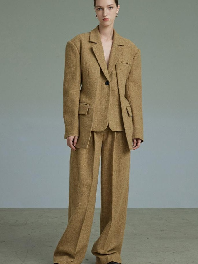 unspoken Wool Single Button Notched Lapel Loose Fit Rice Yellow Young Women Blazers