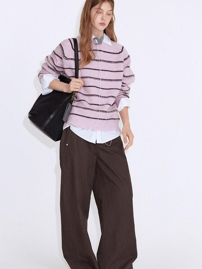 fano Soft Wool Blend Striped Cardigan Loose Fit Commuter Women Pink Knitted Sweaters