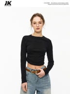 ikyou Slim Drawstring Long Sleeve Combed Cotton Crewneck Black White Basic Crop Tops