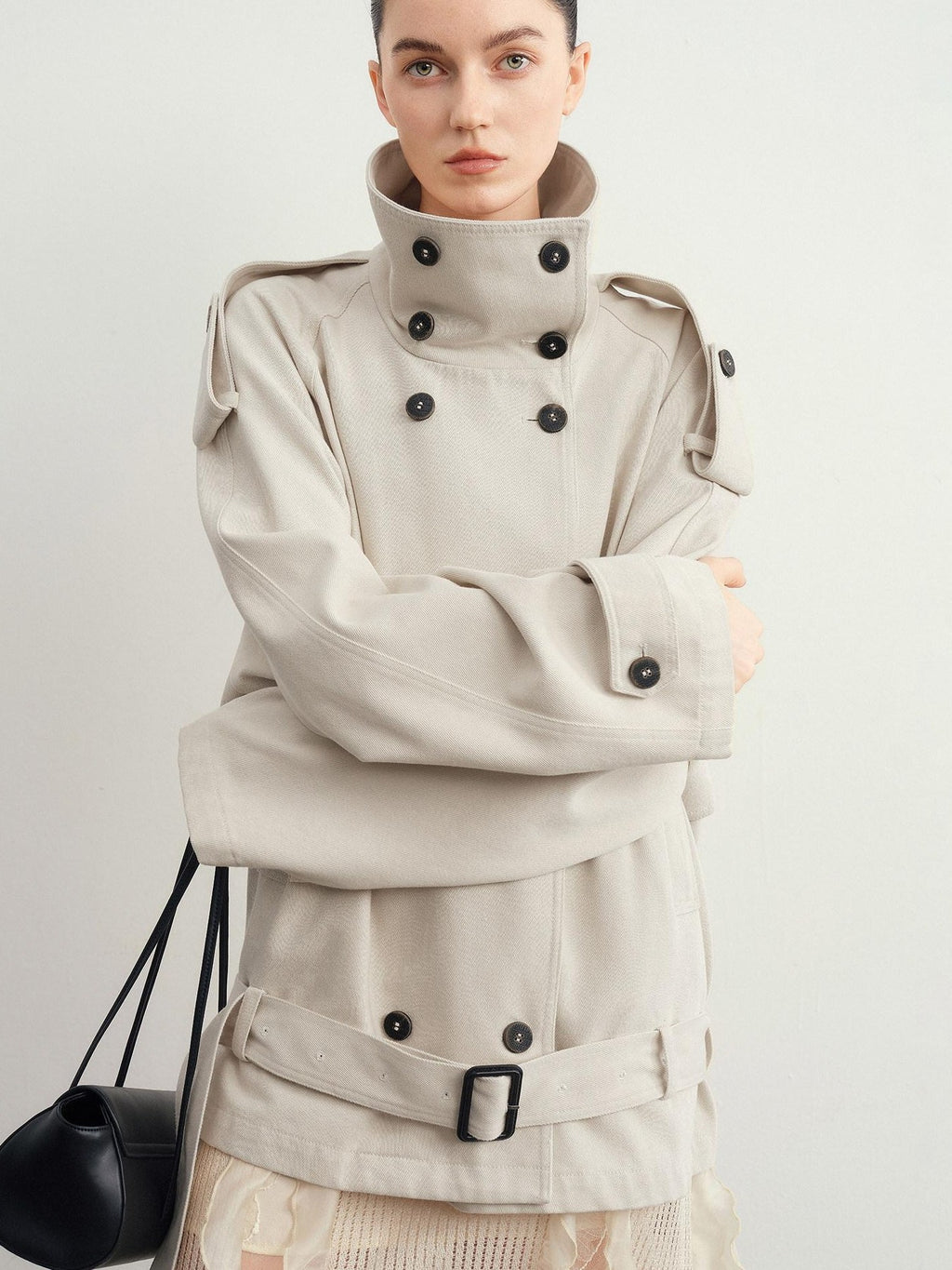 audreyyang Commuter Straight Fit Midlength Doublebreasted Epaulet Beige Women Denim Jackets