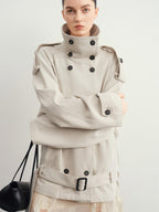 audreyyang Commuter Straight Fit Midlength Doublebreasted Epaulet Beige Women Denim Jackets