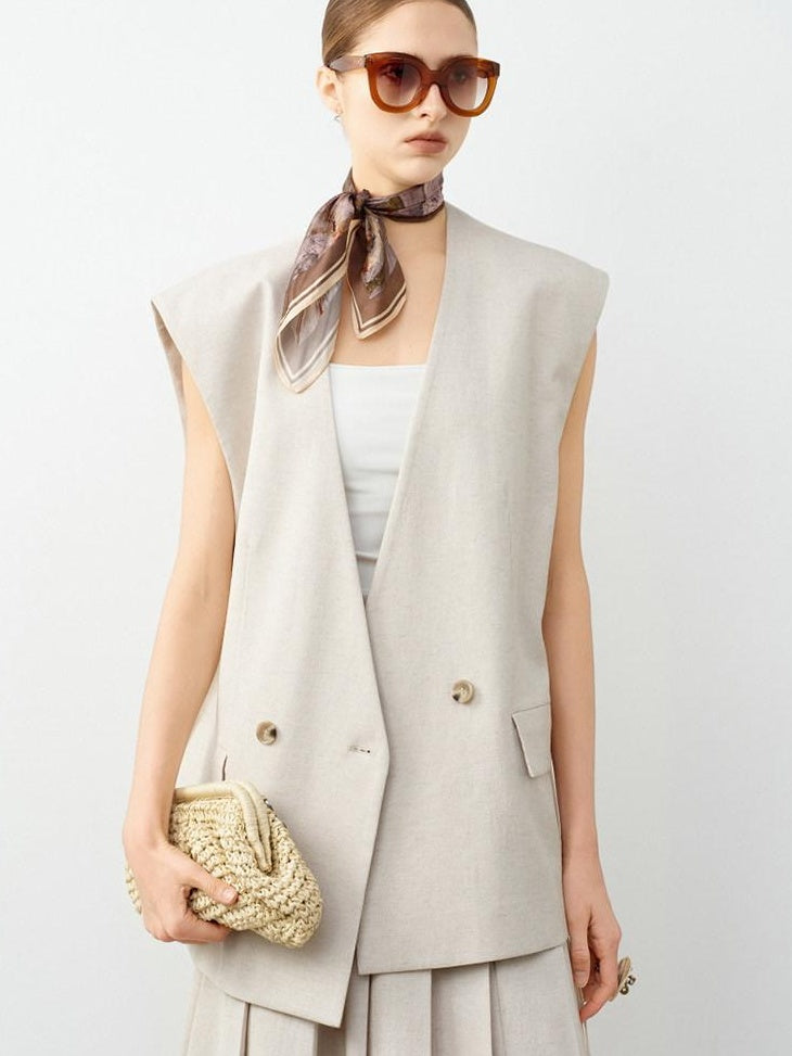 audreyyang Soft Polyester Cotton Blend U Neck Single Button Office Chic Women Vests