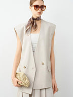 audreyyang Soft Polyester Cotton Blend U Neck Single Button Office Chic Women Vests
