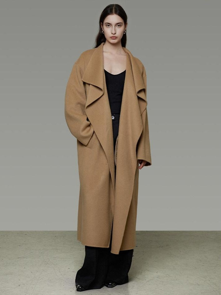 unspoken Thick 100 Percent Sheep Wool Long Loose Lapel Minimalist Sand Brown Wool Coats