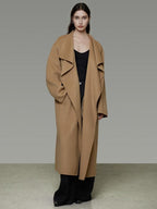 unspoken Thick 100 Percent Sheep Wool Long Loose Lapel Minimalist Sand Brown Wool Coats