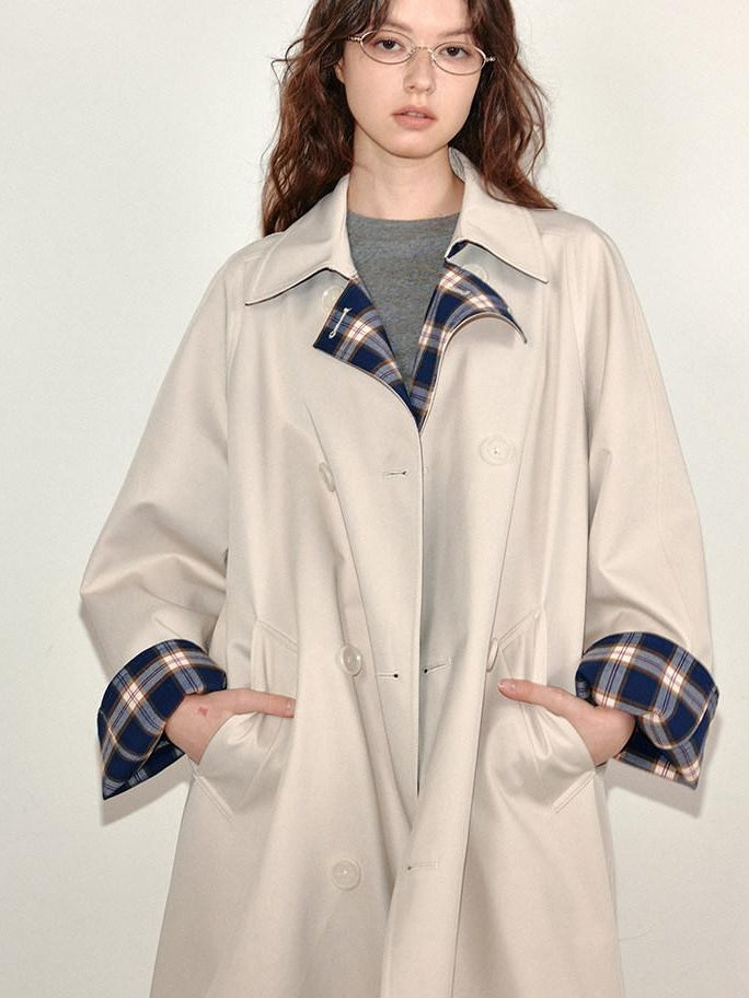 fano Loose Fit Korean Casual Long Beige Plaid Single Breasted Trench Coats