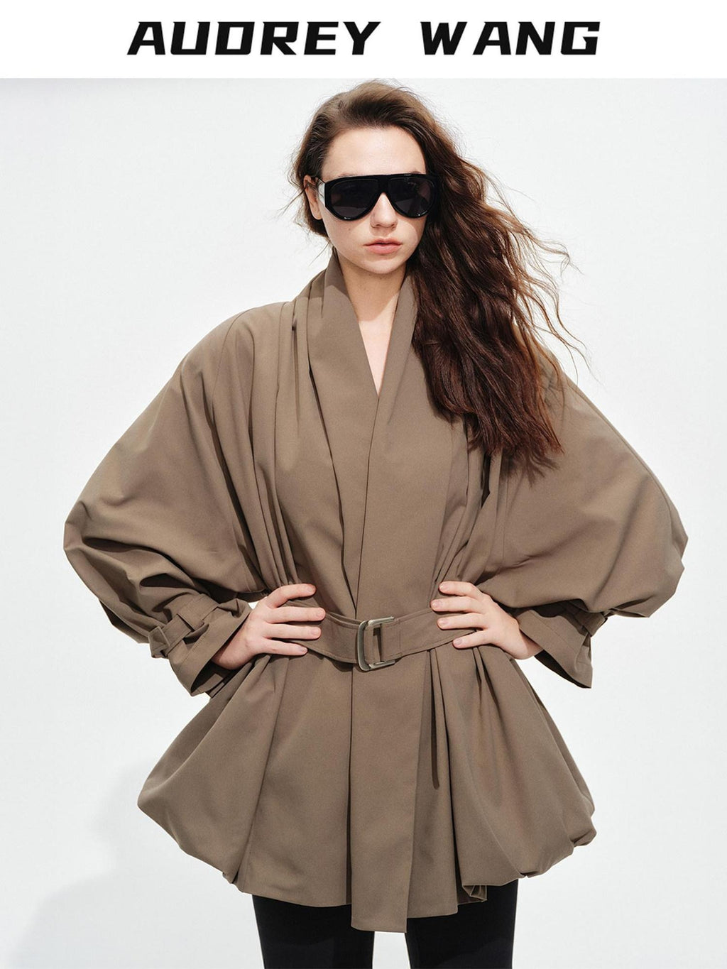 audreyyang Tie Front Vintage Oversized Batwing Sleeve Women Polyester Cropped Jackets