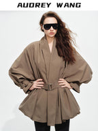 audreyyang Tie Front Vintage Oversized Batwing Sleeve Women Polyester Cropped Jackets