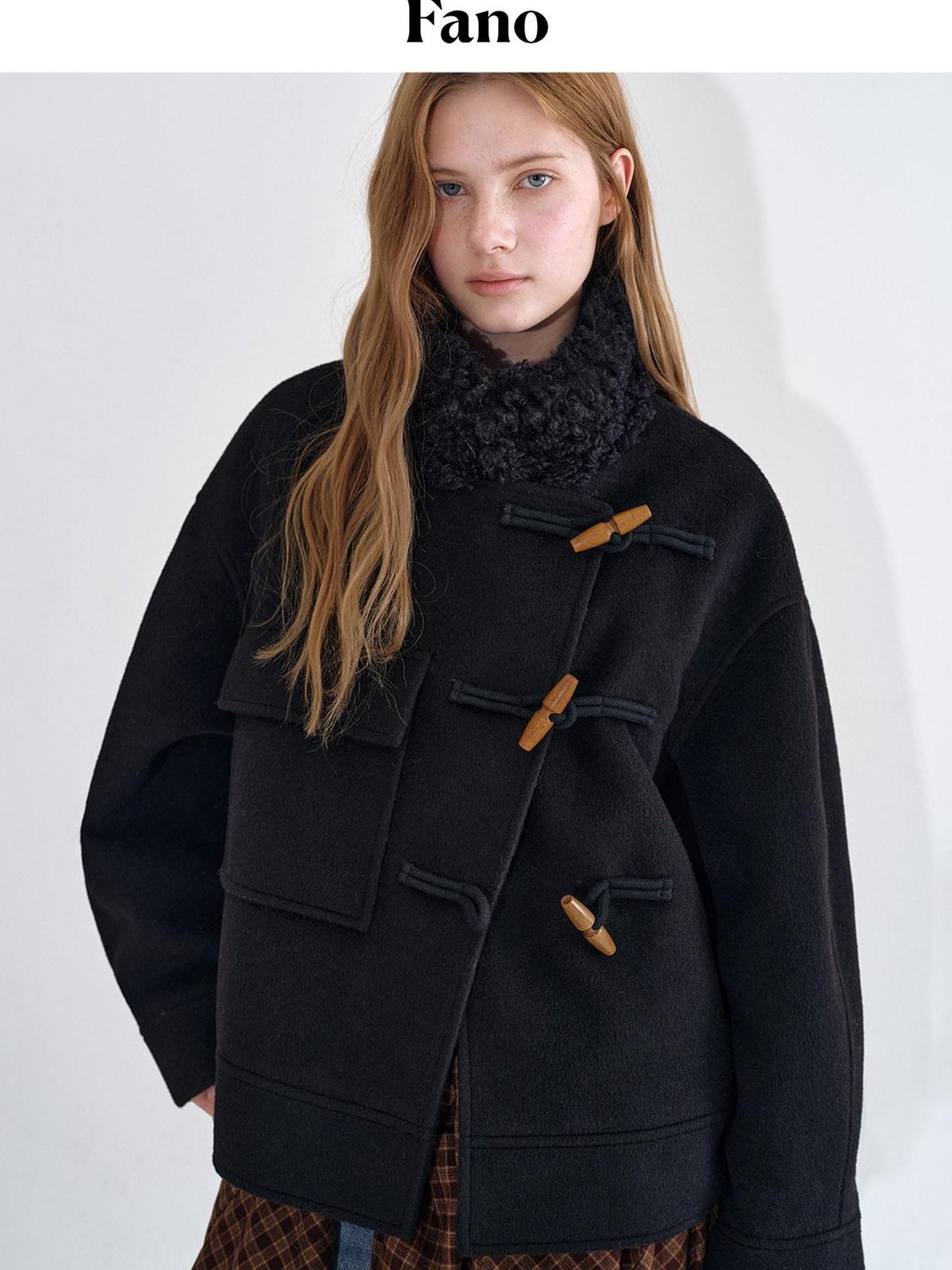 fano Soft Wool Blend Korean Oversized Lapel Collar Women Office Black Solid Short Coat